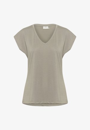 Lys grå V-hals t-shirt med korte, brede ærmer og en blød tekstur. Har en afslappet pasform og en buet kant forneden.