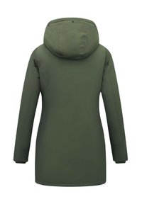 Groene waterdichte jas met capuchon, lange mouwen en een rechte snit. Heeft minimale naden en een gladde, gestructureerde afwerking.