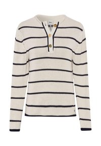 Gebreide trui met een ronde hals, off-white basis en marineblauwe horizontale strepen. Voorzien van een knoopsluiting met twee messing knopen.