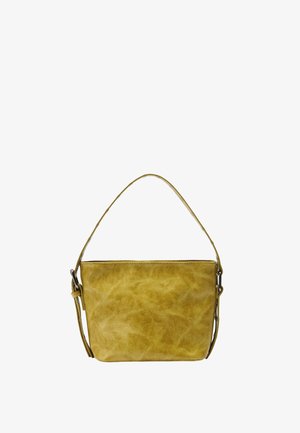 Żółta skórzana torba na ramię o gładkiej fakturze, płaskim prostokątnym kształcie i pojedynczym uchwycie. Posiada regulowany pasek i minimalistyczne okucia.