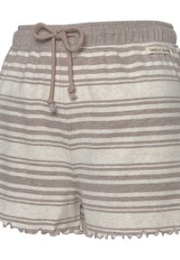 Prugasti šorc u svijetloj bež i taupe boji, napravljen od mekog materijala s pojasom na vezanje i ivicom s resama. Oznaka kaže "nastavi se smiješiti."