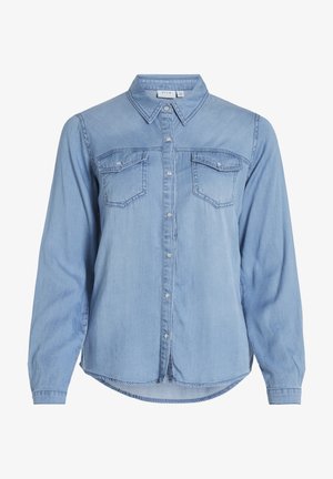 Hellblaues Denimhemd mit langen Ärmeln, Knopfleiste vorne, zwei Brusttaschen und abgerundetem Saum. Verfügt über einen klassischen Kragen und dezente Nähte.