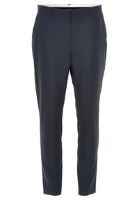 Op maat gemaakte donkerblauwe broek met een gladde textuur, recht design en standaard tailleband. Bevat zijzakken en geen zichtbare patronen.
