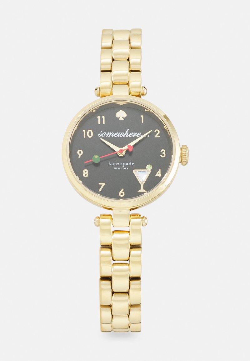Gold-tone watch with a black dial, featuring a spade logo, colorful hour markers, and a cocktail glass motif. Chunky link bracelet design.