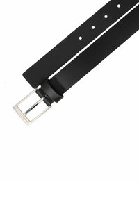 Cintura in pelle nera con una fibbia rettangolare in metallo argento, dotata di diversi fori per la regolazione e una finitura liscia e opaca.