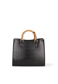 Borsa a tracolla in pelle nera con una stampa rettile testurizzata, dotata di un manico in bambù e dettagli in metallo dorato per una chiusura sicura.