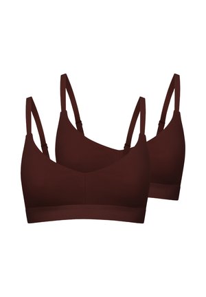 Zwei dunkelbraune drahtlose BHs mit verstellbaren dünnen Trägern und nahtlosen Körbchen, dargestellt auf weißem Hintergrund.