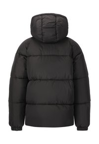 Svart pufferjacka med huva, quiltat mönster och elastiska muddar. Slät textur med en löst sittande passform för värme och komfort.