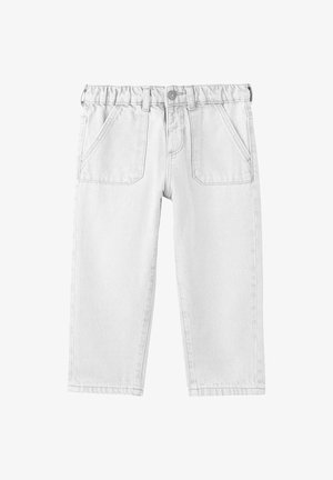 Witte denim tapered broek met een elastische tailleband, twee zakken aan de voorkant en een eenvoudig ontwerp. De stoftextuur oogt stevig en glad.