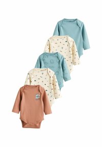 Fem langærmede baby-bodyer i ribbet bomuld: to blå, en cremefarvet med mønstre, en cremefarvet med trykte design og en rustfarvet.