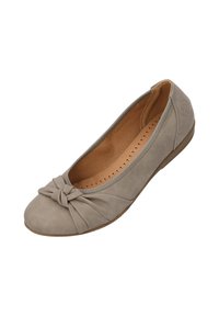 Graue Wildleder-Balletschuhe mit einem geknoteten Detail an der Zehe, abgerundetem Vorderteil, weicher Innenauskleidung und einer braunen Gummisohle.