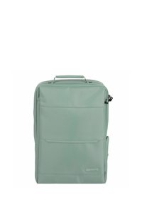 Zaino verde menta con una finitura liscia e strutturata. Presenta una maniglia superiore, una tasca frontale e chiusura a zip. Nessun accento di hardware visibile.