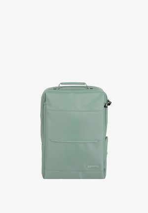 Zaino verde menta con una finitura liscia e strutturata. Presenta una maniglia superiore, una tasca frontale e chiusura a zip. Nessun accento di hardware visibile.