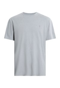 T-shirt di cotone grigio chiaro con maniche corte, scollo rotondo e texture sottile. Presenta un piccolo logo ricamato sul lato sinistro del petto.
