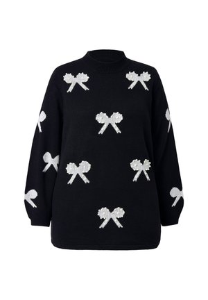 Schwarzer Strickpullover mit weißen strukturierten Schleifen und Perlenakzenten, langen Ärmeln und Rundhalsausschnitt. Angenehm lockere Passform mit relaxed Schnitt.