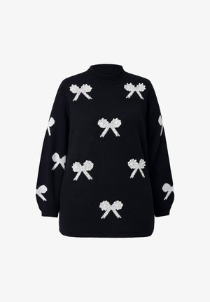 Schwarzer Strickpullover mit weißen strukturierten Schleifen und Perlenakzenten, langen Ärmeln und Rundhalsausschnitt. Angenehm lockere Passform mit relaxed Schnitt.