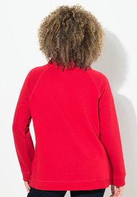 Felpa rossa a maniche lunghe con maniche raglan, texture morbida e orlo arrotondato. Dettagli delle cuciture lungo le spalle e il collo.