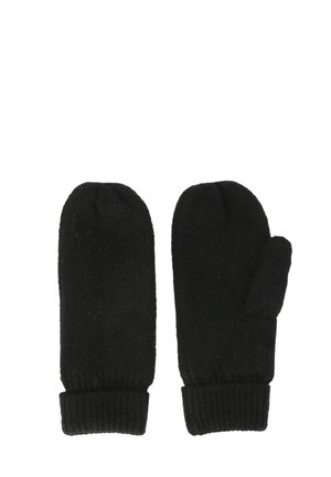 Pair of black knitted mittens with ribbed cuffs, shown flat with one mitten displaying thumb and the other facing palm side down.