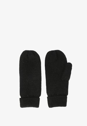 Pair of black knitted mittens with ribbed cuffs, shown flat with one mitten displaying thumb and the other facing palm side down.