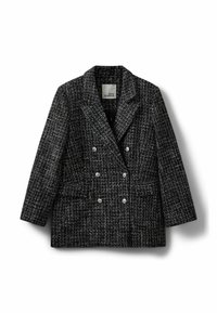 Melnbalts teksturēts divrindnieku bleizeris ar sešiem sudraba pogām un atlocītām apkaklēm, izklāts uz baltā fona.