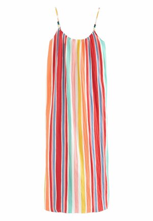 Abito senza maniche multicolore con strisce verticali in rosso, acqua, rosa, giallo e arancione; scollatura elastica con spalline con perline.