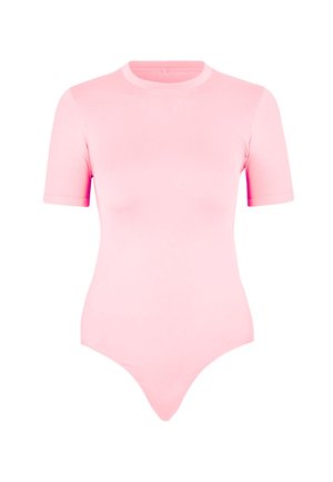 Body ajusté rose clair à manches courtes avec encolure ronde et tissu lisse, présenté sur un fond blanc.