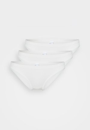 White cotton briefs, pack of three. Features a seamless design with soft elastic bands. Smooth texture and minimalist style.