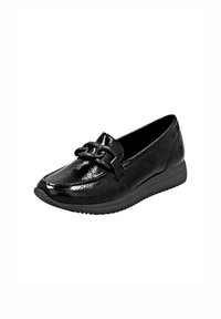 Black loafers made of glossy material with a textured surface. Features a decorative black chain accent and a flat rubber sole.