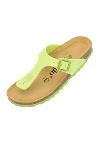 Limegrøn tætsiddende sandal med spænde, korkfodræk og struktureret gummisål. Bemærkelsesværdige funktioner inkluderer en tåpost og kontrastsål.