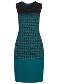 Šaty bez rukávů s černou horní částí, tyrkysovým houndstooth vzorem na těle a jednotnou tyrkysovou sukní.