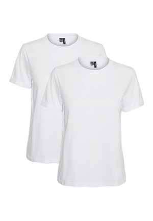 Zwei weiße T-Shirts mit kurzen Ärmeln, die über einen klassischen Rundhalsausschnitt verfügen, aus weichem Baumwollstoff gefertigt sind und ein schlichtes Design sowie gerade Säume aufweisen.
