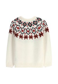 Biały dzianinowy sweter z okrągłym dekoltem, ozdobiony geometrycznym czerwono-czarnym wzorem wokół szyi oraz ściągaczami na dole i na mankietach.