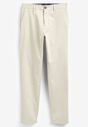 Beige cotton trousers with a straight-leg design, front pockets, and a single-button closure. Smooth texture with a clean finish.