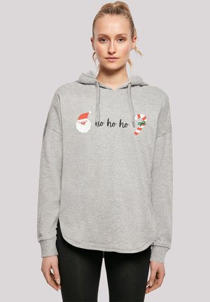 Gray hoodie with a drawstring hood, featuring festive Santa and candy cane graphics on the front. Soft fabric, relaxed fit, and side slits.