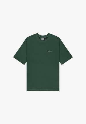 Ciemnozielona unisexowa koszulka z krótkim rękawem, okrągłym dekoltem i małym białym logo "POCKIES" na lewej piersi.