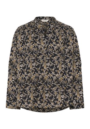 Chemise à manches longues avec un fond bleu marine foncé et des motifs floraux blancs et dorés. Conception à col avec une coupe décontractée et un ourlet droit.