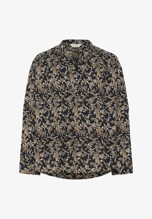 Long-sleeve shirt featuring a dark navy background with white and gold floral patterns. Collared design with a relaxed fit and straight hem.
