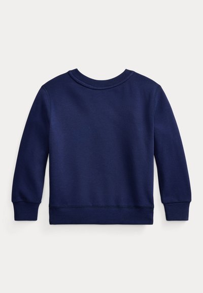 Tamnoplava duks s dugim rukavima i okruglim izrezom, sa rebrastim manžetnama i rubom, prikazan sa stražnje strane na bijeloj pozadini.