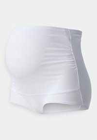 Weißer dehnbarer Umstandssupport-Unterwäsche mit einem verlängerten Bauchpanel und Raffungen an der Seite für Komfort und Passform.