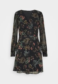 Schwarzes Blumenkleid mit langen, transparenten Ärmeln. Hat einen V-Ausschnitt und eine taillierte Taille. Blumenmuster in verschiedenen Farben auf dunklem Hintergrund.