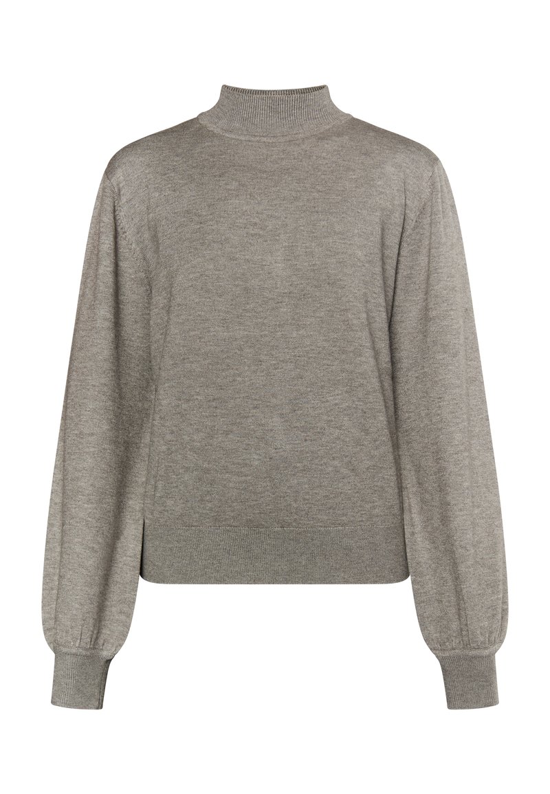 Helles graues Pullover mit Stehkragen, langen Ärmeln und gerippten Bündchen. Weiche Textur mit gleichmäßigem Strickmuster.