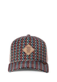 Trucker cap with a patterned multicolor fabric front. Features a brown leather patch with logo, mesh sides, and a curved brim.