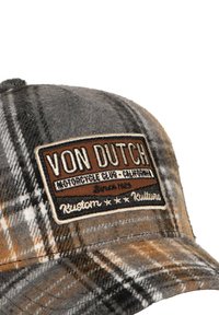 Plaid cap in gray and brown wool blend with a faux leather patch. Features embroidered text: "Von Dutch Motorcycle Club California."