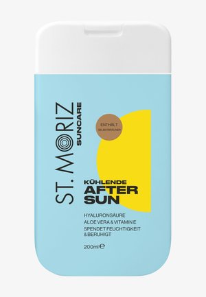 Flasche St. Moriz kühlende After-Sun-Lotion mit blau-weißer Verpackung, gelbem Halbkreis, enthält Hyaluronsäure, Aloe Vera und Vitamine, 200 ml.