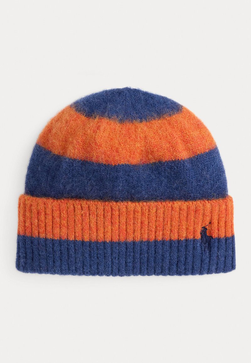 Gorro de lana en rayas azul y naranja, con un puño acanalado, textura suave y un pequeño detalle de orificio.
