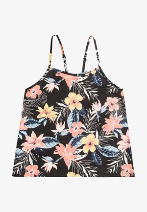Schwarzes ärmelloses Camisole-Top mit dünnen verstellbaren Trägern und tropischem Blumenmuster in Pink-, Gelb- und Blautönen.
