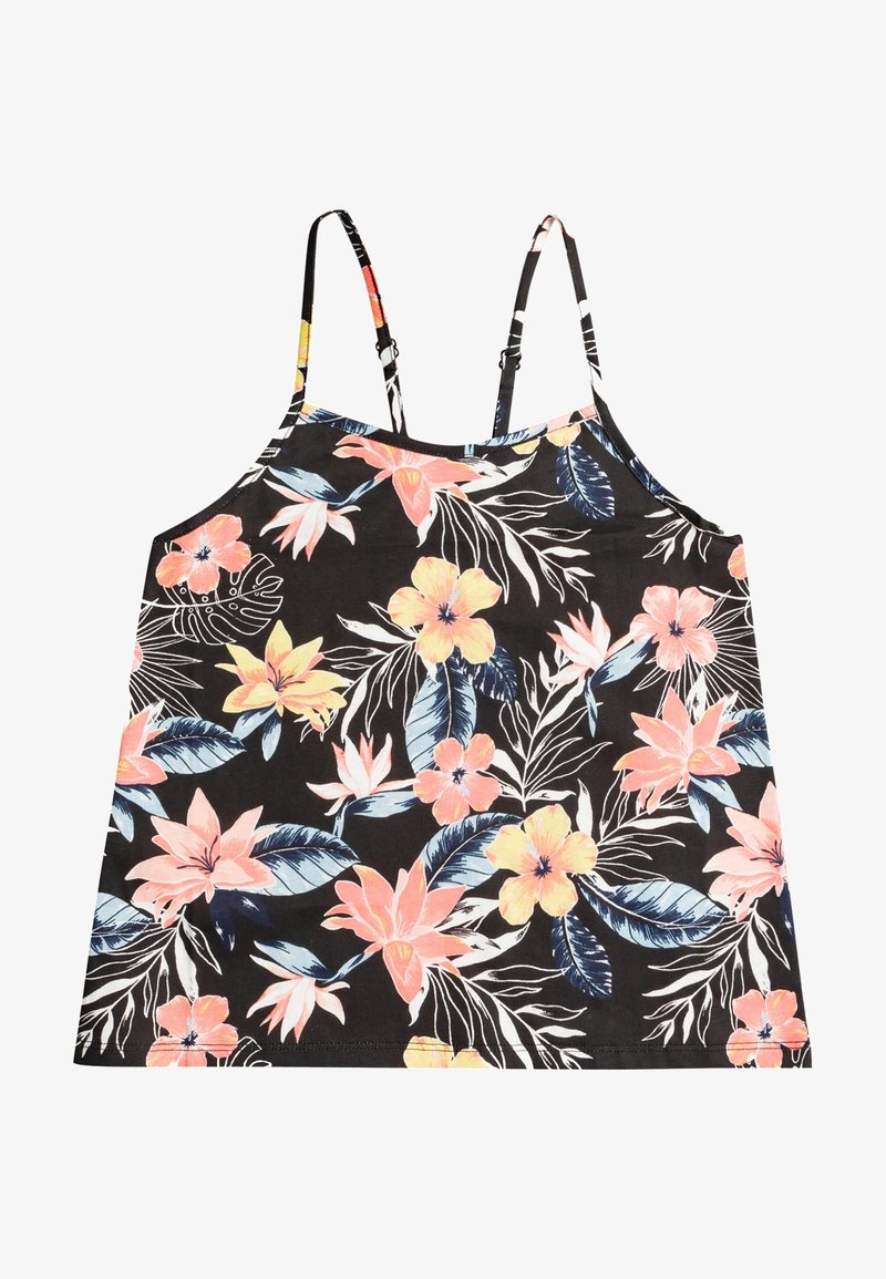 Haut camisole noir sans manches avec fines bretelles réglables et motif floral tropical rose, jaune et bleu.