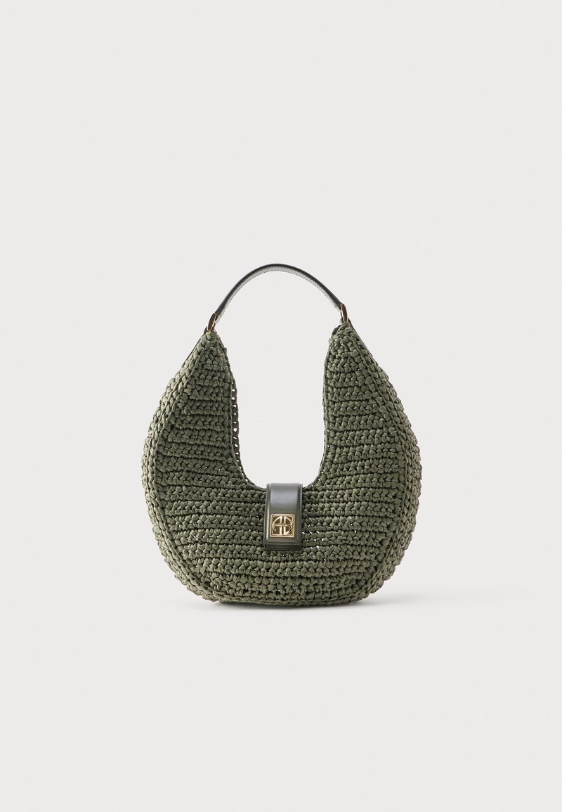 Dark green crocheted shoulder bag with a single black handle and a central gold-accented leather clasp.