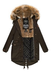 Olijfgroen parka met een gevoerde capuchon van nepbont, geplooide zwarte voering, een trekkoord in de taille en meerdere voorkeuzezakken.