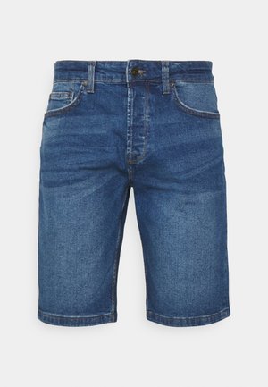 Shorts en denim bleu foncé avec un design classique à cinq poches, coupe droite et bords ourlés. Comprend une fermeture à bouton en métal et un zip.